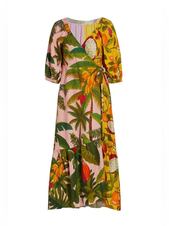 FARM Rio Dresses & Skirts - Farm Rio Mixed Prints Linen Blend Wrap Midi Dress – Multi (Size M)